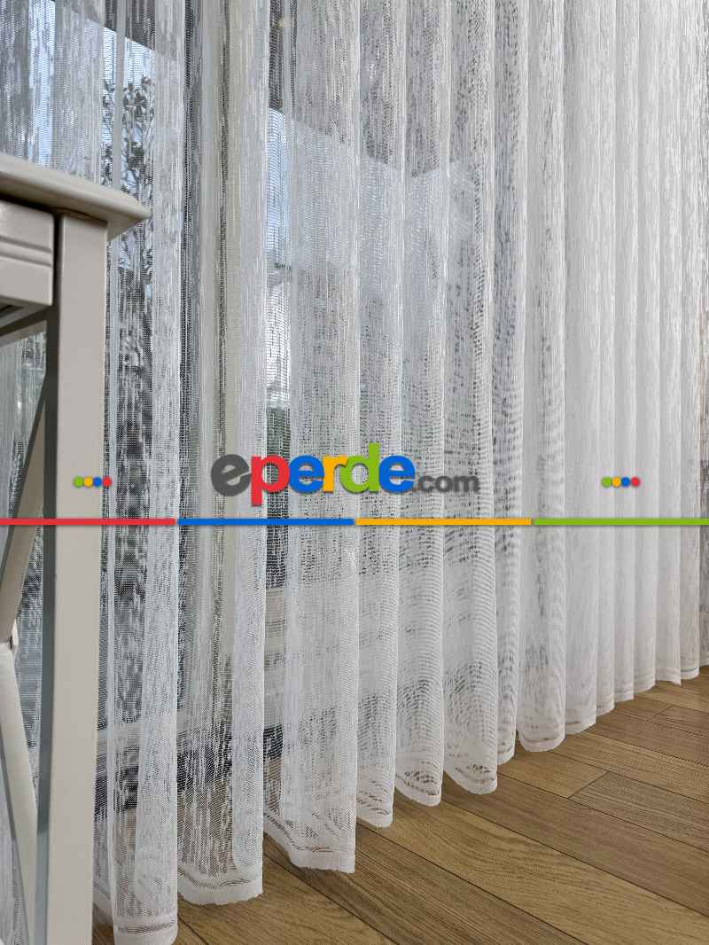 Ekru Çizgili Desenli Fransız Dantel Örme Tül Perde, Ütü İstemeyen Tül