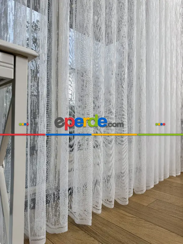 Ekru Çizgili Desenli Fransız Dantel Örme Tül Perde, Ütü İstemeyen Tül