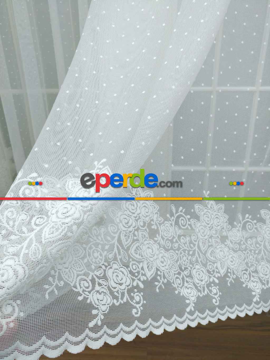 Etek Ucu Desenli Dantel Tül Perde- Ekru