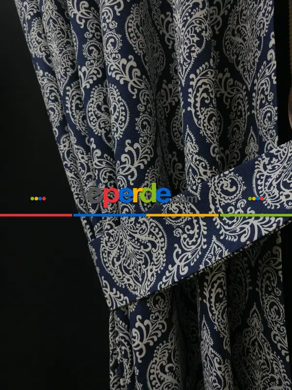 Yatak Odası - Damask Desenli Salon Odası Fon Perde- Beyaz-Mavi Koyu