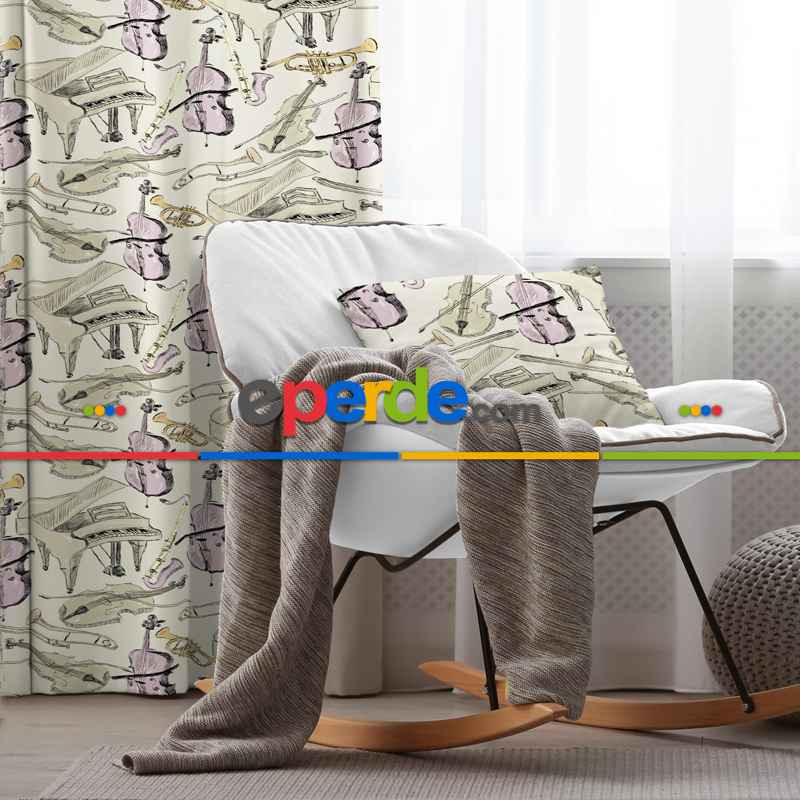 Müzik Desenli Fon Perde Evim649 Kumaşı Kalındır Duck Bezi Değildir- Mavi-beyaz