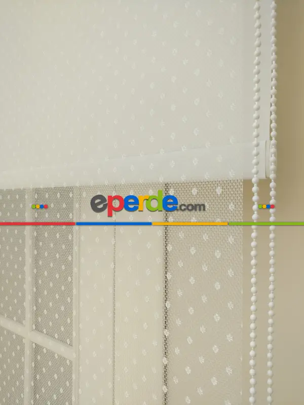 Jakar Örme Tül- Ekru Çiftli Sistem Dantel Desenli Perde- Ekru