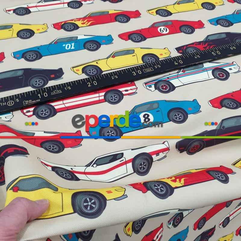 Popart Araba Desenli Fon Perde Evm1063 Kumaşı Kalındır Duck Bezi Değildir- Siyah-Kırmızı-Sarı-Beyaz