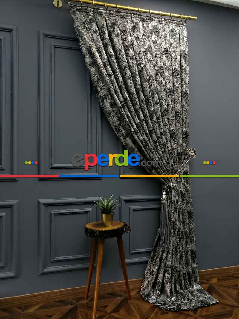 Salon Perdesi - Modern Desenli Jakarlı Fon Perde Yeni Seri 401- Gri-Füme-Antrasit