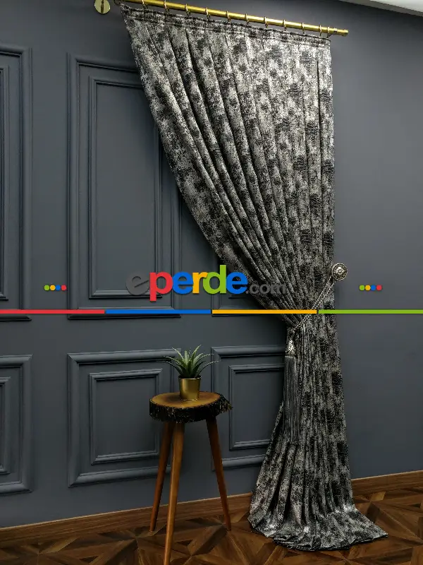 Yatak Odası - PatineDesenli Modern Desenli Jakarlı Fon Perde Yeni Seri 401- Gri-füme-antrasit-bej-füme