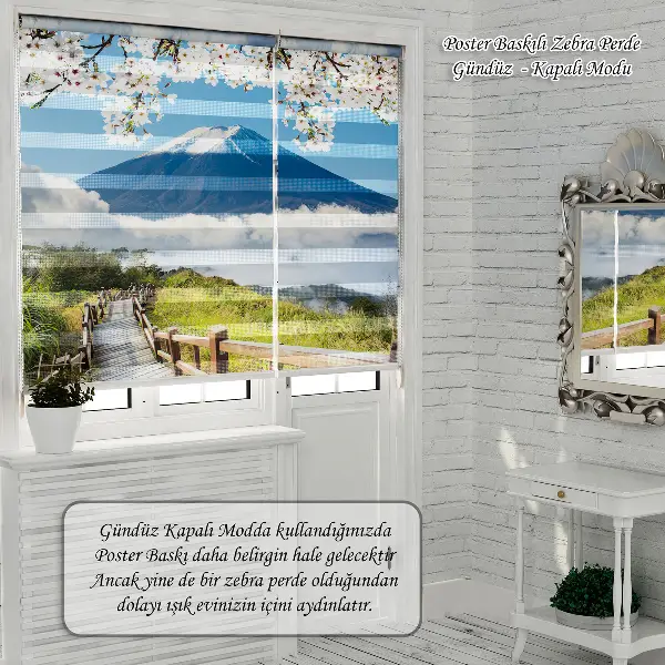 Gece Ay Ve Bulutlar Özel Poster Baskılı Zebra Perde- Lacivert-Kırmızı