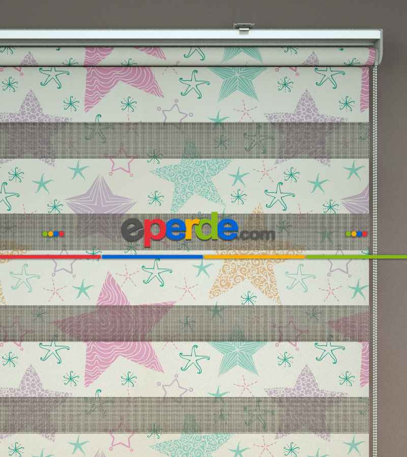 Yıldız Desenli Baskılı Zebra Perde- Çok Renkli