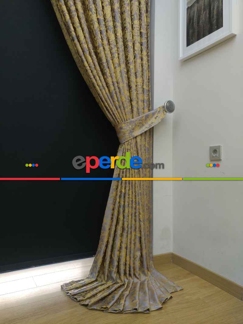 Hardal Antrasit Desenli Jakar Fon Perde - Altın