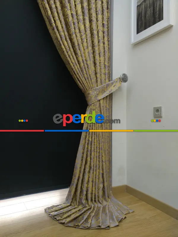 Hardal Antrasit Desenli Jakar Fon Perde - Altın