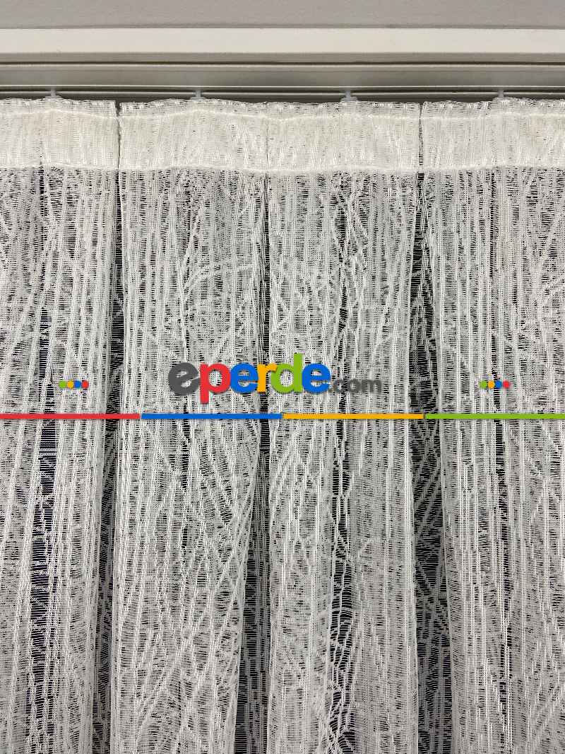 Tül Perde - Spor Desenli - Çizgili Fransız Dantel Örme Tül - Ekru Açık Krem