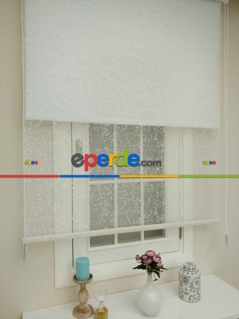 Mutfak - Jakar Örme Tül- Ekru Çiftli Sistem Dantel Desenli Perde- Ekru