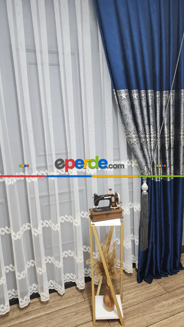 Yatak Odası - Gri Parlamanet Mavisi - Damask Desenli Fon Perde, Adet Fiyatıdır, İstediğiniz Boy Ölçüsünde Dikilir, Eni 70 ila 100cm Arası Seçenekler, Sık Piledir 70cm X 275cm 