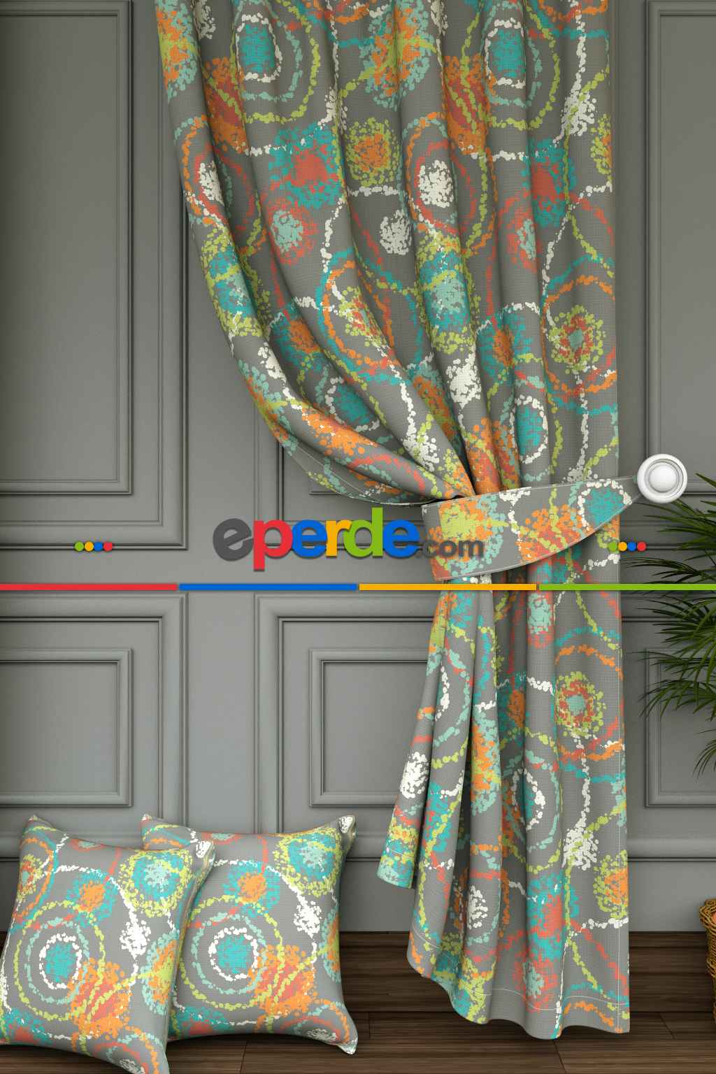 Dökümlü Kumaştan Genç Odası - Renkli Halkalar Desenli Baskılı Fon Perde