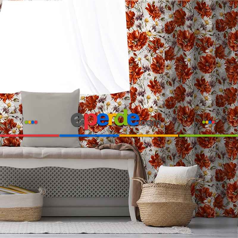 Tropik Desenli Fon Perde Evim645 Kumaşı Kalındır Duck Bezi Değildir- Mavi-beyaz