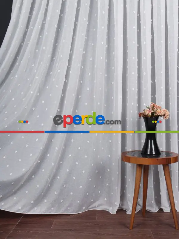 Ponpon Desenli Keten Düz Tül Perde Gramajlı