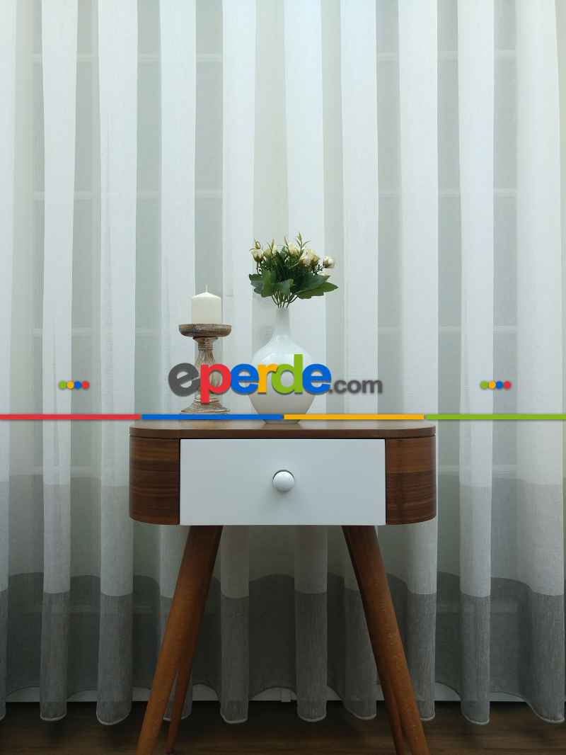 Vizon - Bej Keten Tül Degrade Perde- Bej-vizon Rengi - Kurşunlu Tül