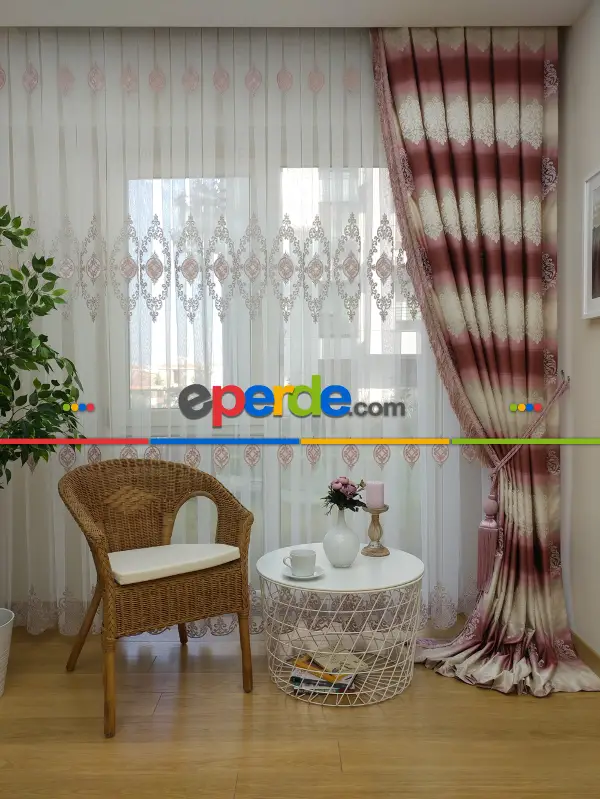 Renk Geçişli Jakar Desenli Salon Fon Perdesi - Pembe - Kiremit - Bej ( Kendinden Saçaklı)- Bej-pembe-kiremit Rengi