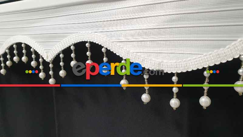 Brillant İnci Boncuklu Zebra Perde- Beyaz-krem