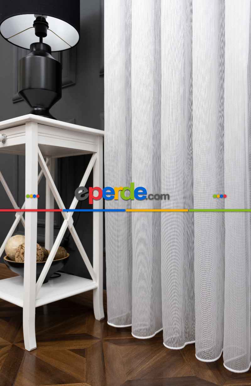 Çizgili Düz Tül Perde - Gümüş Simli Tül - Ütü İstemez - Kurşunlu Tül