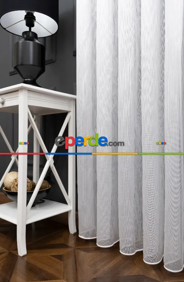 Çizgili Düz Tül Perde - Gümüş Simli Tül - Ütü İstemez - Kurşunlu Tül