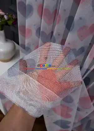 Hazır Ölçülü Petek Zemin Mor Pembe Renkli Kalp Desenli Grek Baskılı Tül Perde