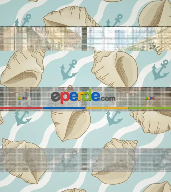 Deniz Kabuğu Baskılı Zebra Perde- Mavi-beyaz-krem