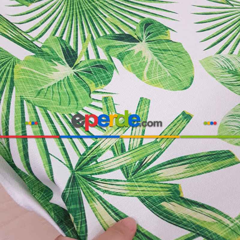 Tropikal Yaprak Desenli Fon Perde Evm1123 Kumaşı Kalındır Duck Bezi Değildir- Yeşil-Beyaz
