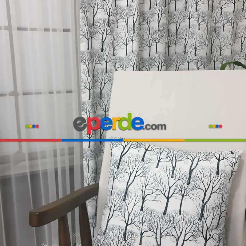 Siyah Mutfak Perdesi Kanat Fon Perde  Ağaç Desenli- Siyah