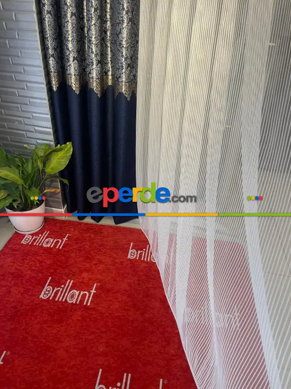 Salon - Brillant Düz Ağır Gramaj Ütü İstemez Yeni Trend Lüxs Çizgili Tül Perde