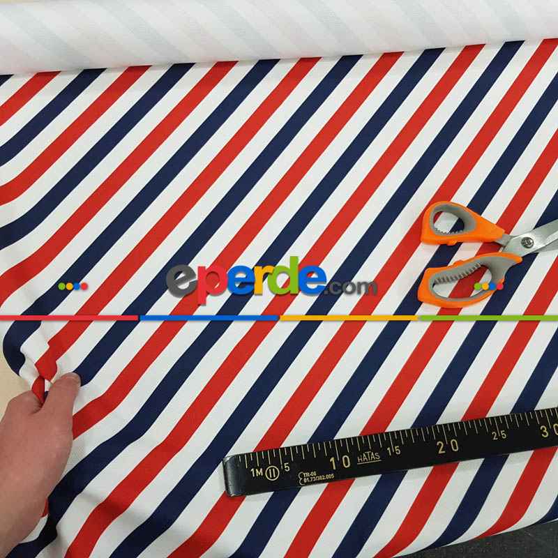 Çizgi Desenli Fon Perde Evm1133 Kumaşı Kalındır Duck Bezi Değildir- Lacivert-Kırmızı-Beyaz