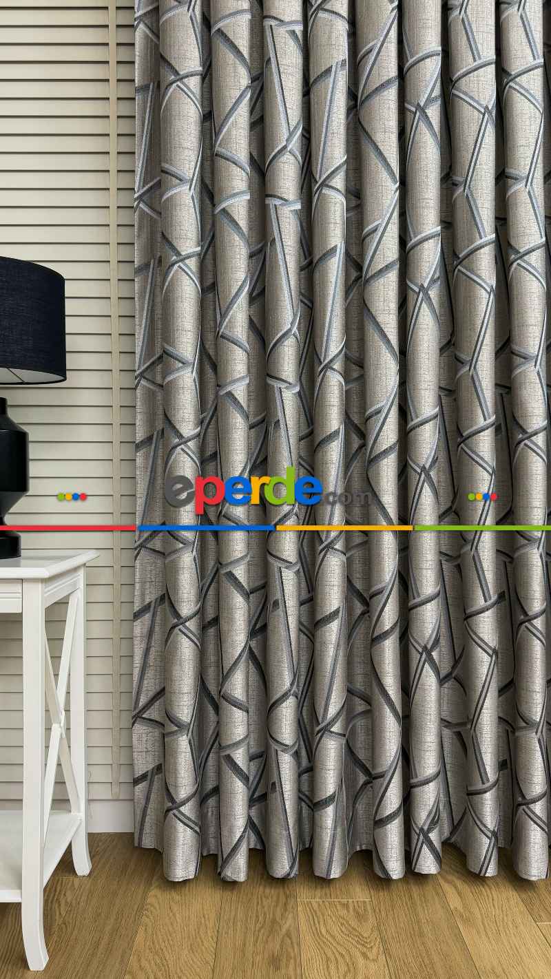 Gri Petrol Mavi Geometrik Desen Jakar Dokuma Fon Perde - Premium Seri Ağır Gramajlı