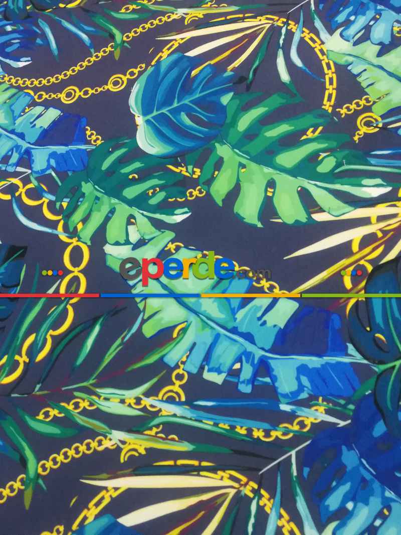 Tropikal Yaprak Desenli Fon Perde Evm1008 Kumaşı Kalındır Duck Bezi Değildir- Yeşil-Mavi