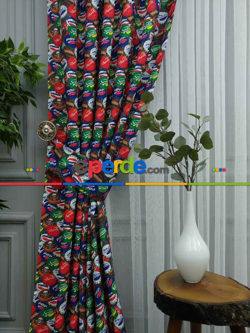 Pop-art Desenli Fon Perde Evm435 -p - Kumaşı Kalındır Duck Bezi Değildir.- Mavi-Kahve-Çok Renkli