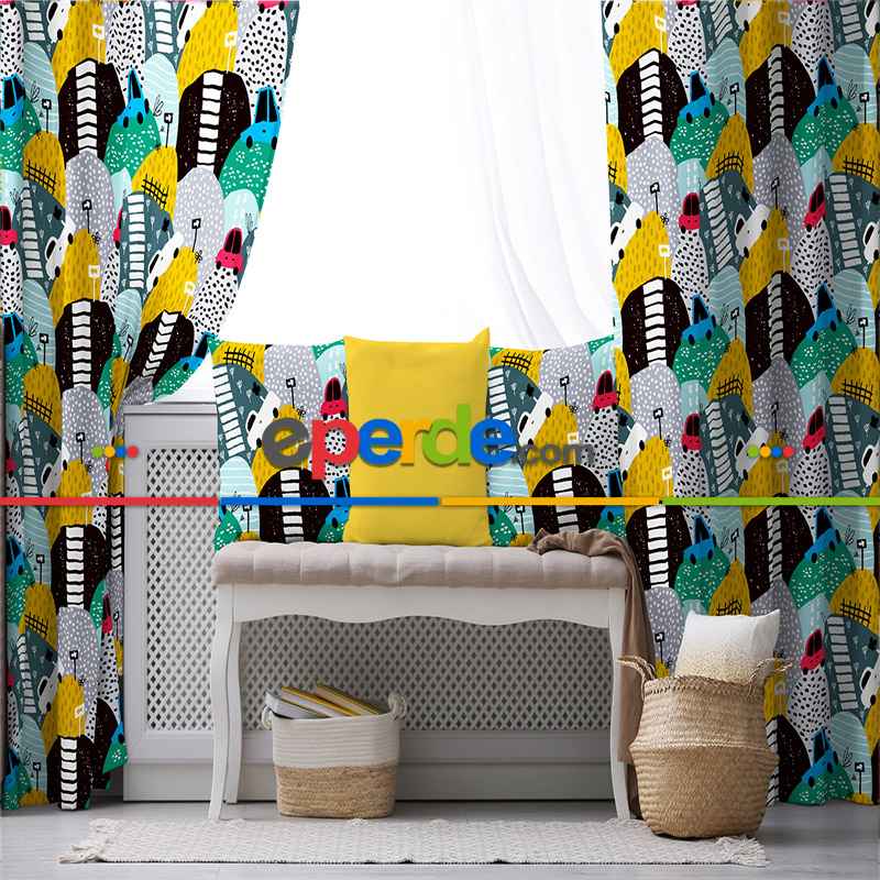 Araba Desenli Fon Perde Evim855 Kumaşı Kalındır Duck Bezi Değildir- Mavi-beyaz