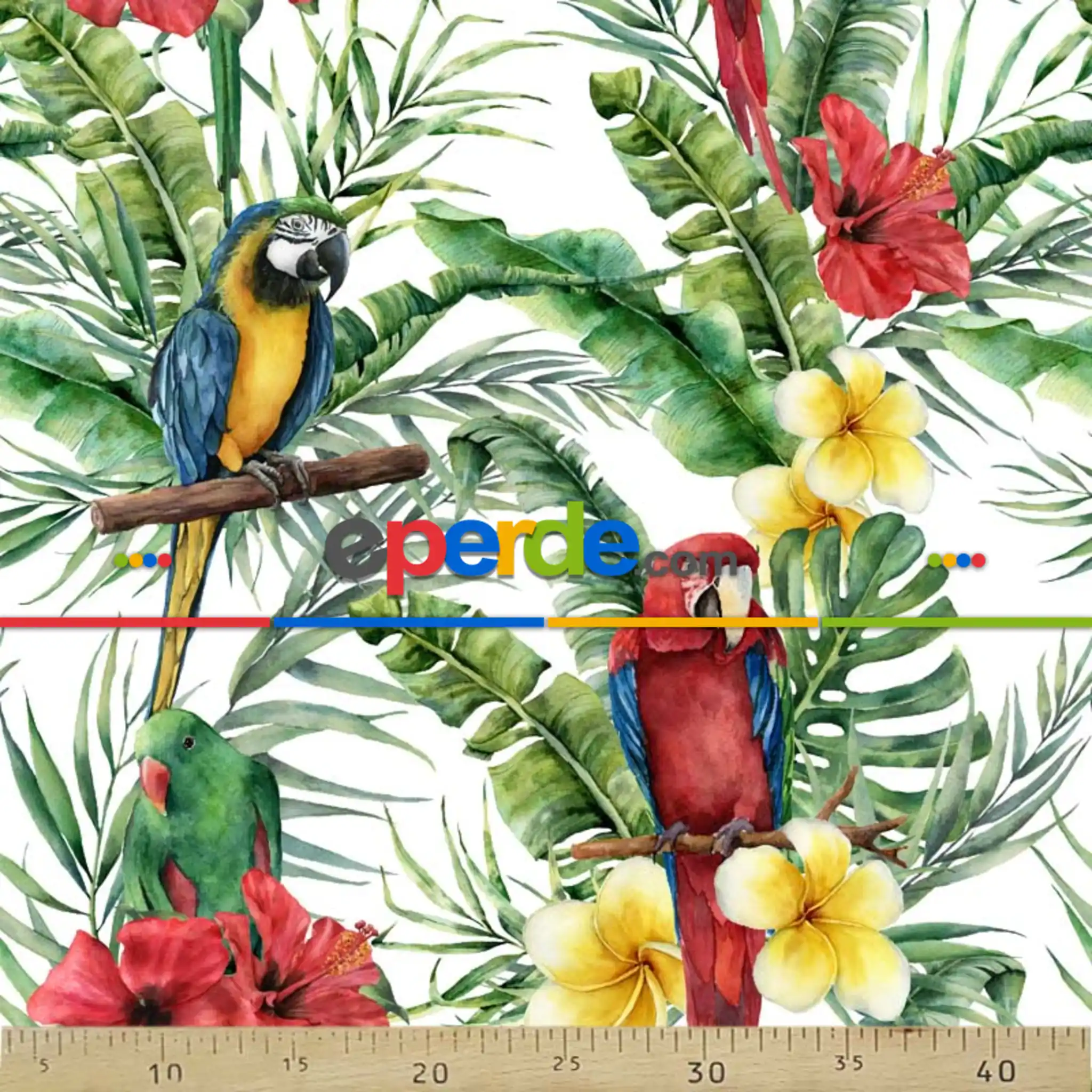 Papağan Tropikal Desenli Fon Perde Evm1066 Kumaşı Kalındır Duck Bezi Değildir- Yeşil-Mavi-Kırmızı-Sarı-Beyaz