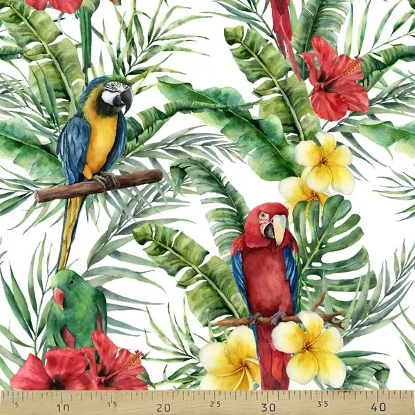 Papağan Tropikal Desenli Fon Perde Evm1066 Kumaşı Kalındır Duck Bezi Değildir- Yeşil-Mavi-Kırmızı-Sarı-Beyaz