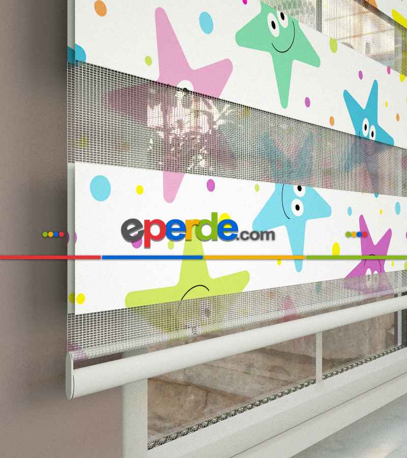 Yıldız Desenli Baskılı Zebra Perde- Çok Renkli