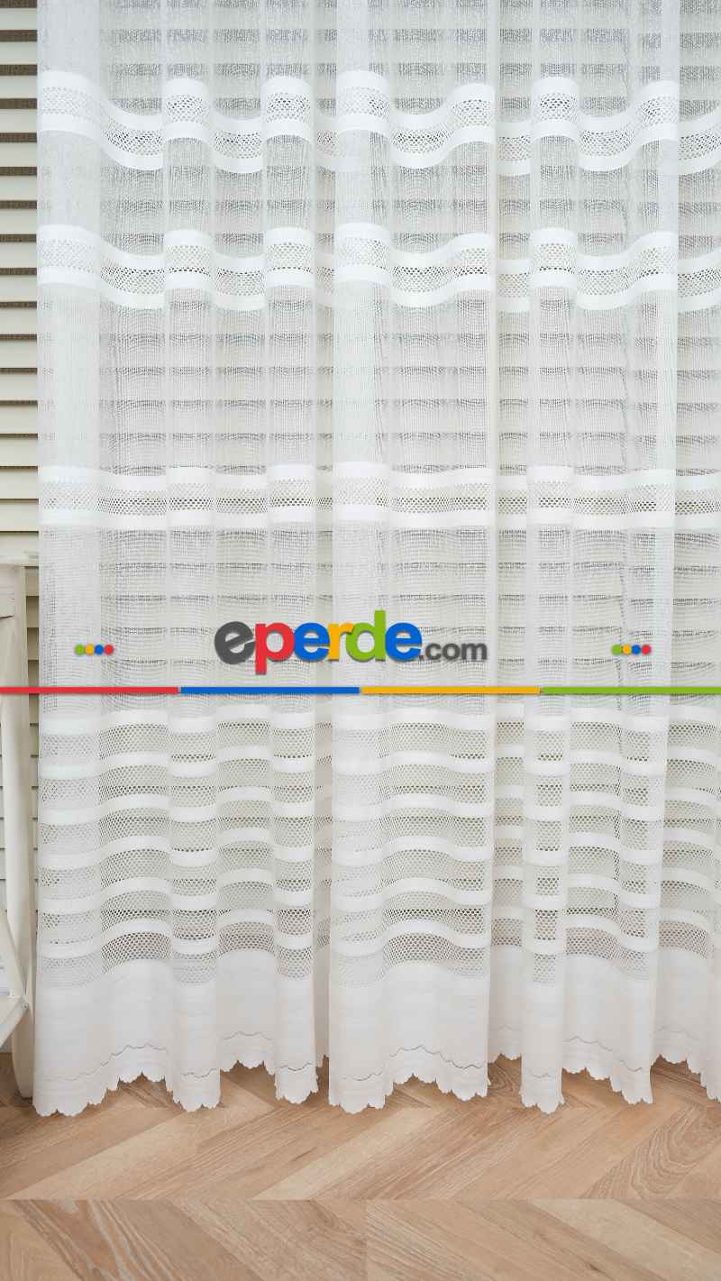 Ekru Çizgili Enine Bantlı Tül Perde, Ağır Gramajlı Premium Seri