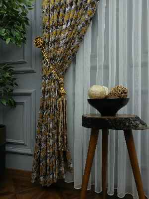 Salon Perdesi - Sarı Desenli Jakar Fon Perde (285 En)- Sarı