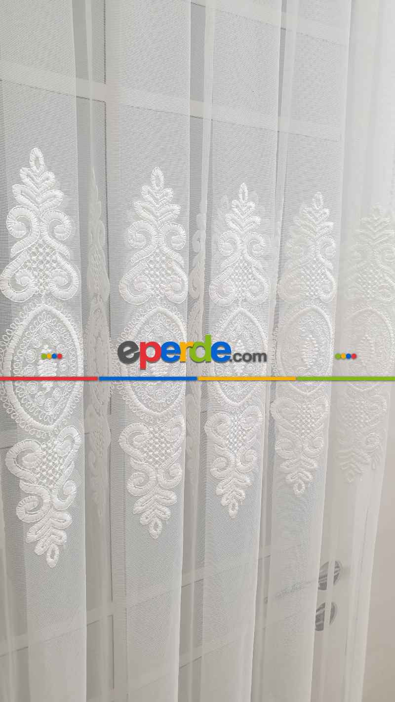 Yatak Odası - Nakışlı Damask Motif Salon Tül Perde- Ekru