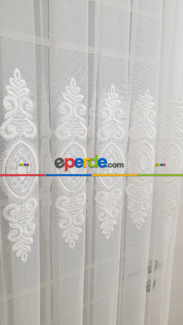 mutfak - Nakışlı Damask Motif Tül Perde- Ekru