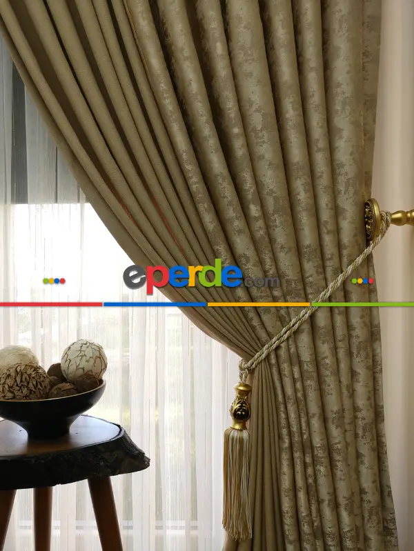 Patinedesenli Kahverengi Kombinli Desenli Fon Perde- Kahverengi