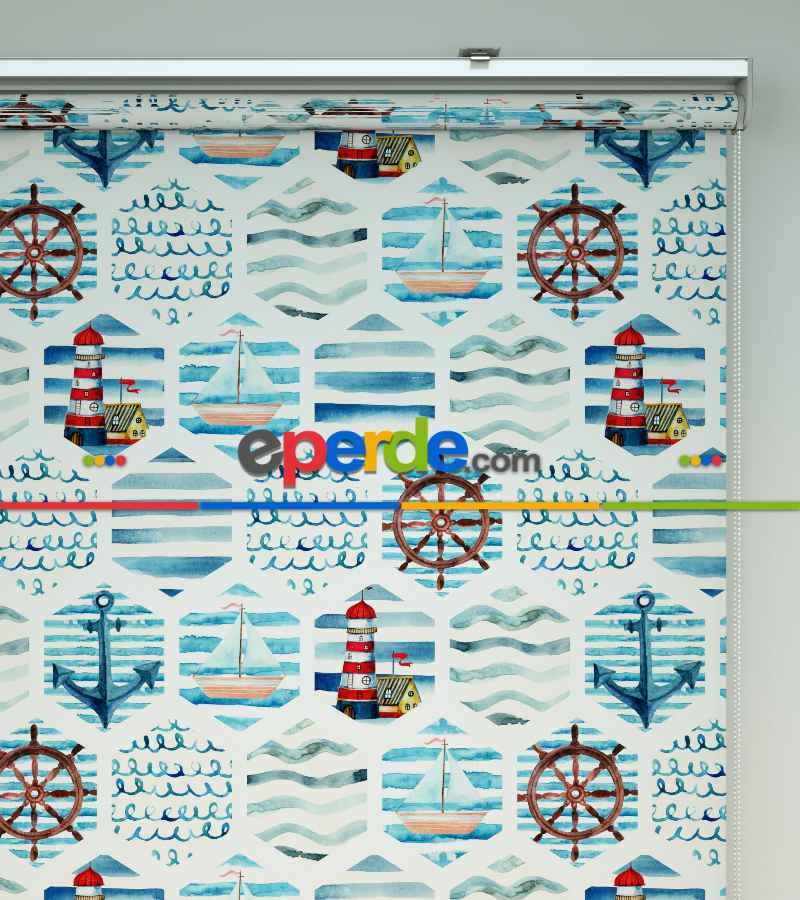 Deniz Feneri Baskılı Stor Perde- Yeşil-mavi-beyaz