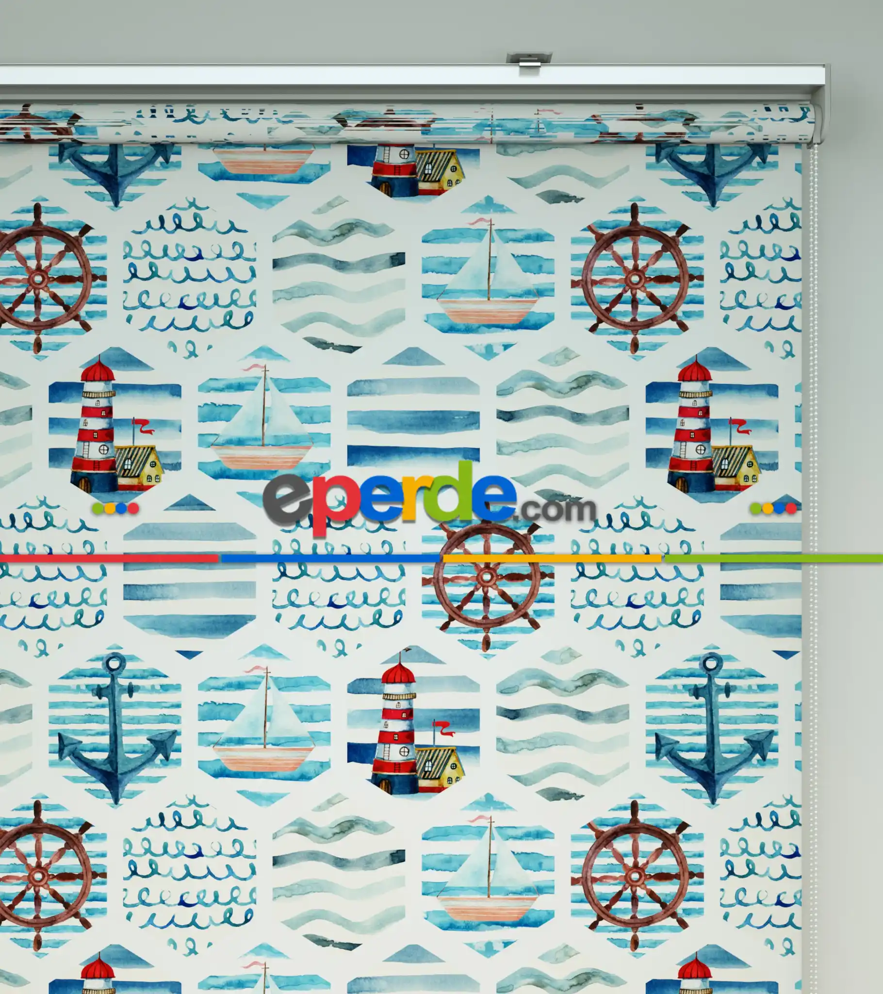 Deniz Feneri Baskılı Stor Perde- Yeşil-mavi-beyaz