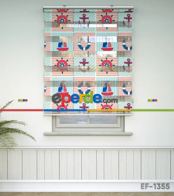 Bebek Odası Zebra Perde - Gemi Ve Çapa Desen Baskılı Zebra Perde- Lacivert-Mavi-Kırmızı