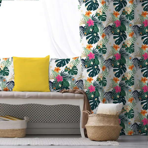 Tropikal Desenli Fon Perde Evim1575 Kumaşı Kalındır Duck Bezi Değildir- Mavi-beyaz