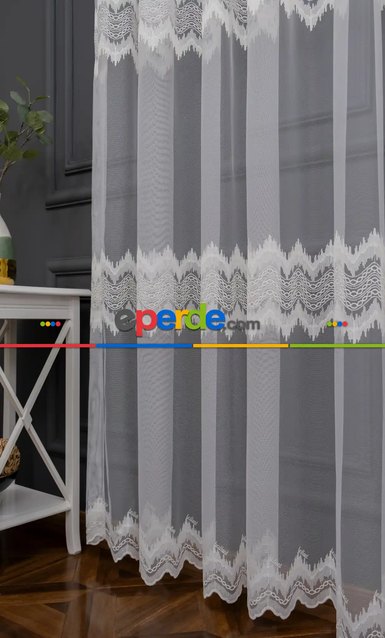 Brillant Tül Perde - Desenli Tül - Geometrik Etek Ucu Ve Ara Bantlı İşlemeli Alto Desen Ekru Tül Perde