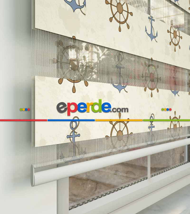 Dümen Ve Çapa Baskılı Zebra Perde- Mavi-kahve Açık-kahve