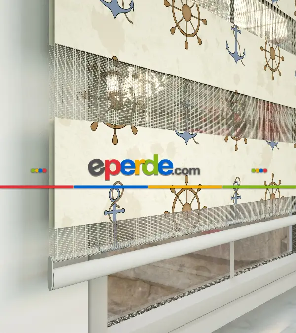 Bebek Odası Zebra Perde - Dümen Ve Çapa Baskılı Zebra Perde- Mavi-Kahve Açık-Kahve