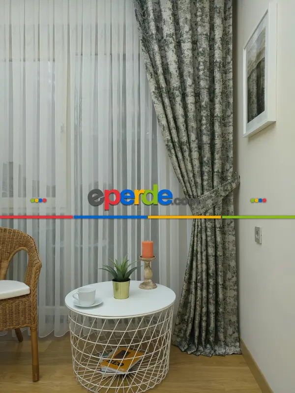 Bej Koyu Yeşil Desenli Jakar Fon Perde (180)- Yeşil Koyu Yeşil